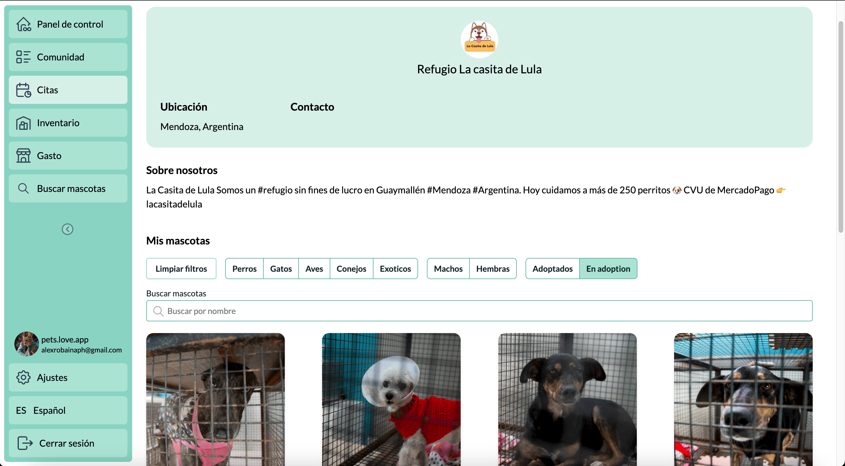 Captura de la app de gestión veterinaria Pet's Love